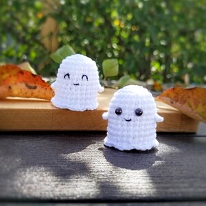 May include: Two small, handmade white crochet ghosts with smiling faces. One ghost has black eyes, the other has black stitched eyes. They are on a wooden surface, with a blurred green and brown background.