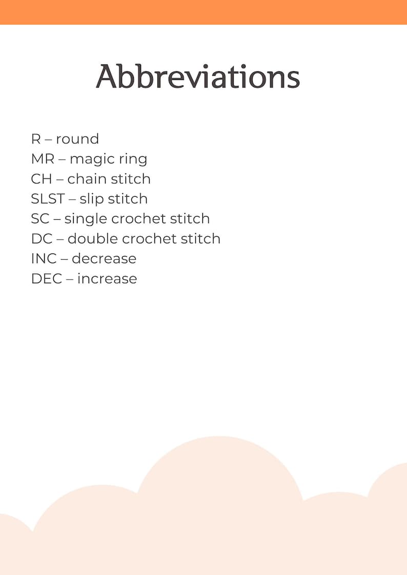 May include: White background with the word "Abbreviations" in black. Below, a list of crochet abbreviations: R - round, MR - magic ring, CH - chain stitch, SLST - slip stitch, SC - single crochet stitch, DC - double crochet stitch, INC - decrease, DEC - increase.