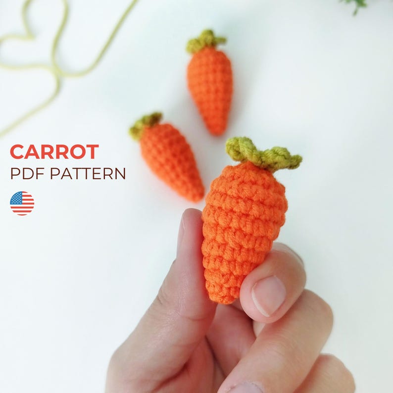 May include: Crochet pattern for a carrot. The pattern includes instructions for making a small, orange carrot with green leaves. The pattern is available as a PDF download.