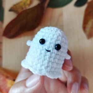 May include: A small, white crocheted ghost with black bead eyes and a stitched smile. The handmade ghost has small, rounded arms and a rounded bottom. The background includes brown and yellow autumn leaves.