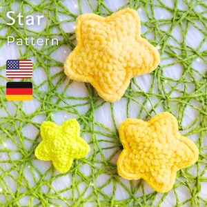 May include: Three handmade crochet star ornaments in shades of yellow, arranged on a green woven background. The text "Star Pattern" is visible in the upper left corner. The image also includes the American and German flags.