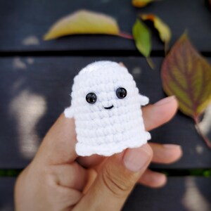 May include: A small, handmade white crochet ghost with black button eyes and a smiling mouth. The ghost has a simple, rounded shape and small arms. The background includes fall leaves on a dark wooden surface.