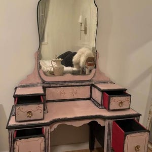 Hand-Painted Vintage Art Deco Vanity with Mirror – Pink, Black & Brass – One of a Kind