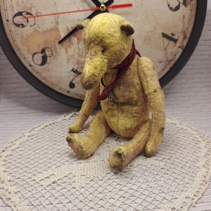 Vintage Teddy Bear, Golden-Beige Plush, Large Nose, Articulated Joints, Wine Scarf, Acorn Charm