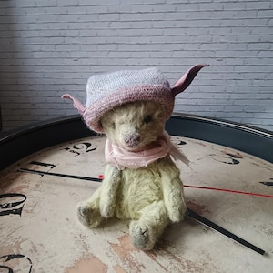 Handmade teddy tiny bear in a funny cap with elf ears, OOAK bear, one baby