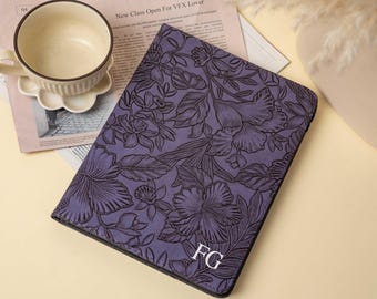 Personalized iPad Case Floral | Embossed Purple Leather Cover | Vintage Aesthetic Gift for Her | iPad Air Pro Mini 10.9