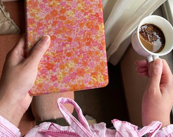 Floral Kindle Case with Personalized Gold Initials, Orange Stripe Clear Back Cover for Kindle Paperwhite 12th Gen, Book Lover Gift
