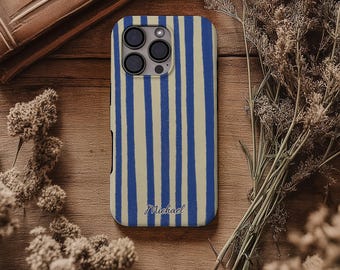 Blue Stripe Personalized iPhone Case, Minimalist Aesthetic Phone Cover with Name, Classic Striped iPhone Case, Custom Gift for Him or Her