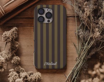 Personalized Olive Brown Striped iPhone Case, Custom Name Phone Cover, Vintage Minimalist Stripe Case, Aesthetic Gift for Him Her
