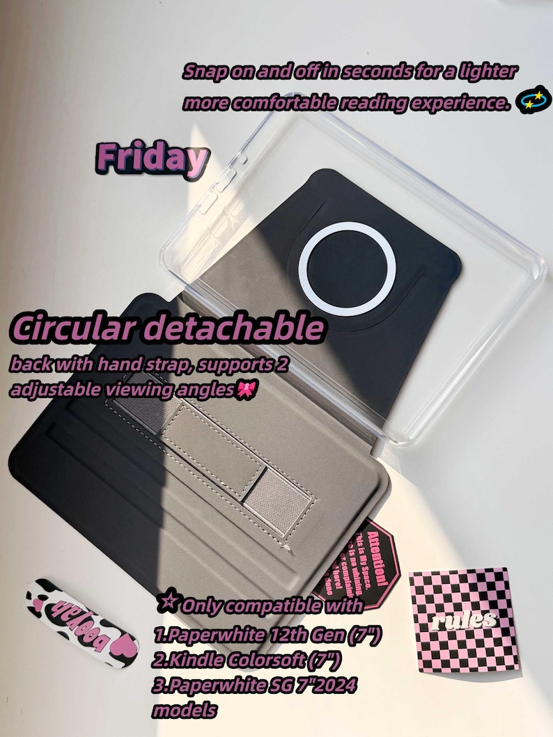 May include: A black and gray Kindle Paperwhite case with a clear cover. The case features a circular detachable back with a hand strap and supports two adjustable viewing angles. Text on the case reads "Friday" and "Circular detachable".
