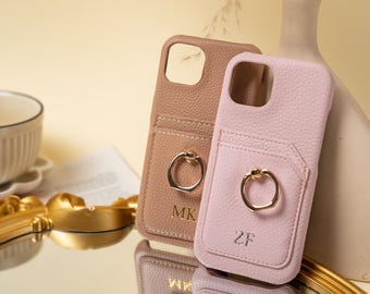 Personalized PU Leather iPhone Case with Card Holder & Ring Stand | Custom Name Phone Cover | Wallet Case for iPhone 16 15 14 13 Pro Max