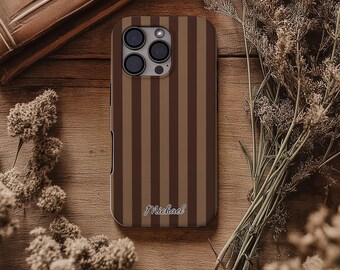 Personalized Brown Stripe iPhone Case, Custom Name Phone Cover, Minimalist Coffee Aesthetic iPhone Case, Classic Striped Case Gift