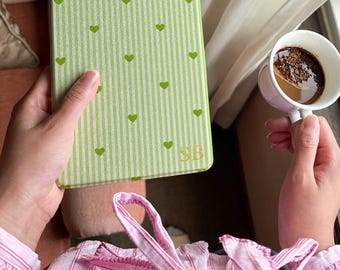 Personalized Green Stripe Kindle Case, Cute Heart Kindle Cover, Coquette Reader Gift, Graduation Gift for Her, Book Lover