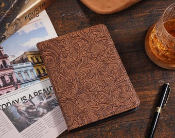 Personalized Leather Kindle Case, Embossed Floral Kindle Cover, Custom Ebook Reader Sleeve, Graduation / Birthday Gift for Her and Him