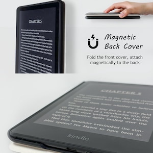 May include: A black Kindle e-reader with a magnetic back cover, displaying text from Chapter 5. The cover folds and attaches magnetically. The word "kindle" is visible on the device.