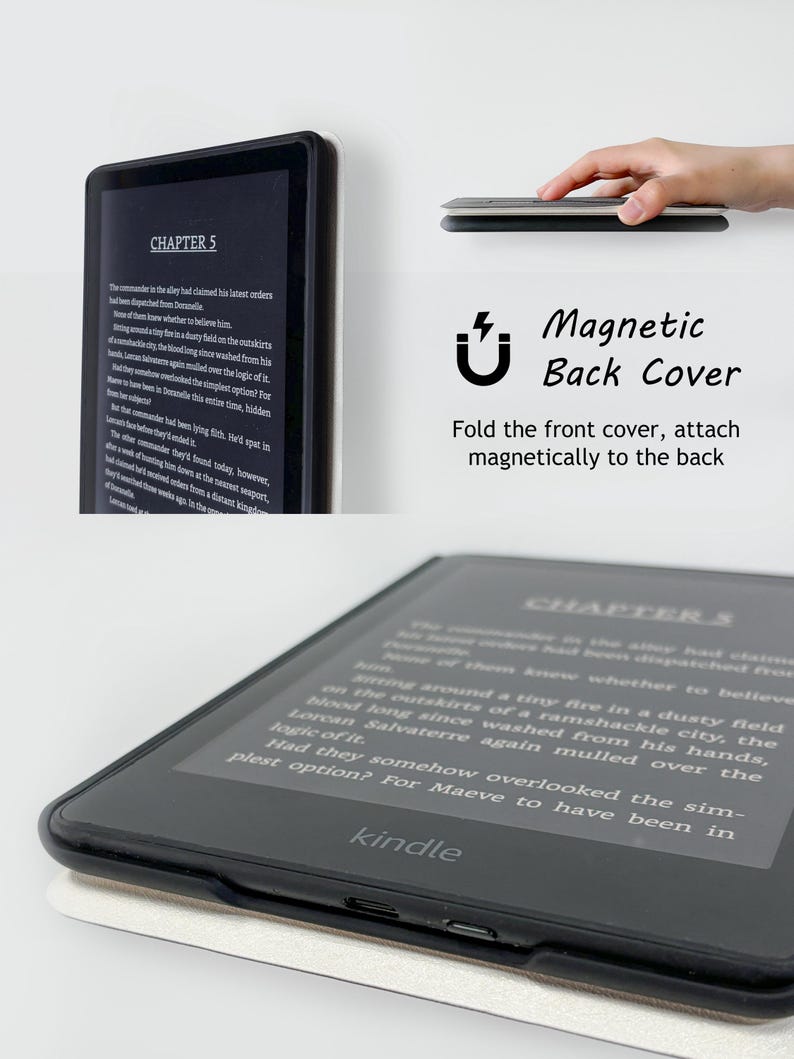 May include: A black Kindle e-reader with a magnetic back cover, displaying text from Chapter 5. The cover folds and attaches magnetically. The word "kindle" is visible on the device.