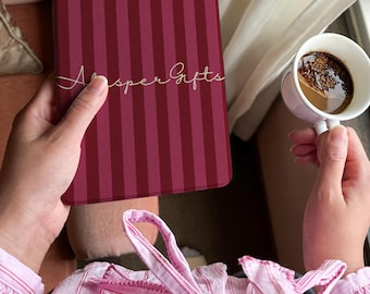 Personalized Burgundy Striped Kindle Case | Custom Monogram Book Cover | Elegant Vertical Stripe E-Reader Sleeve | Gift for Book Lovers