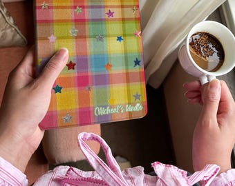 Personalized Kindle Case, Rainbow Plaid Kindle Cover, Star Ereader Case, Custom Name Kindle Paperwhite Case, Book Lover Gift
