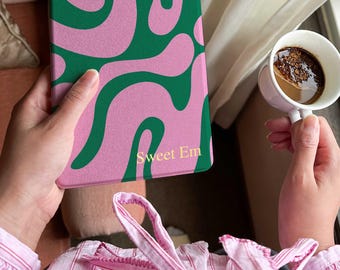 Personalised Kindle Case with Pink Green Abstract Pattern, Custom Name Cover, Cute Aesthetic Gift for Readers, Book Lovers & Her