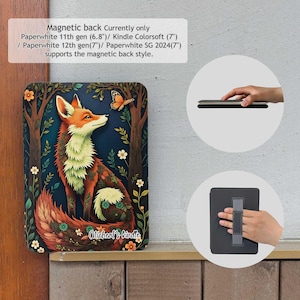 Könnte beinhalten: Eine farbenfrohe Illustration eines Fuchses in einer Waldlandschaft. Der Fuchs sitzt auf seinen Hinterbeinen und blickt nach rechts. Die Illustration ist von einem dunkelblauen Hintergrund mit grünen Blättern und weißen Blumen umgeben. Der Text "Micheal's kindle" befindet sich am unteren Rand der Illustration.