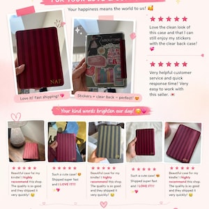 May include: A promotional image with text that says "Thank You" and customer reviews. The image showcases Kindle cases with striped designs and customer testimonials. The cases are in shades of burgundy, gray, and pink.
