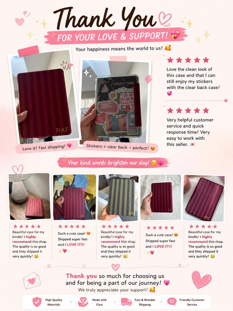 May include: A promotional image with text that says "Thank You" and customer reviews. The image showcases Kindle cases with striped designs and customer testimonials. The cases are in shades of burgundy, gray, and pink.