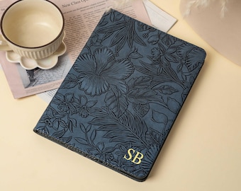 Personalized Dark Blue Retro Floral iPad Case,Vegan Leather Cover,iPad Air 5, iPad 10.2/10.9 iPad 2022/21/20 Case, iPad Mini 7, Gift for Her