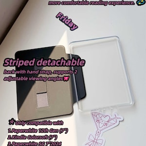 May include: A striped detachable Kindle case with a hand strap and adjustable viewing angles. The case is compatible with Paperwhite 12th Gen (7"), Kindle Colorsoft (7"), and Paperwhite SG 7" 2024 models. The case is shown with a clear cover and a pink sticker.