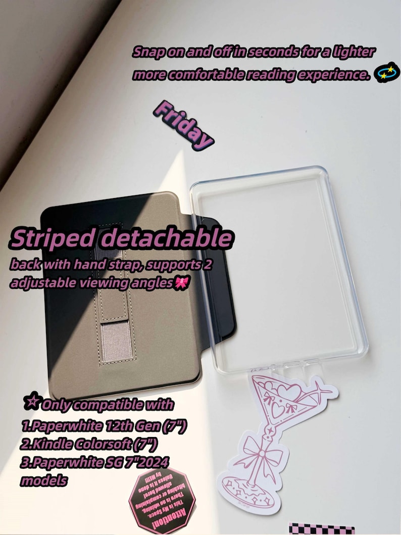 May include: A striped detachable Kindle case with a hand strap and adjustable viewing angles. The case is compatible with Paperwhite 12th Gen (7"), Kindle Colorsoft (7"), and Paperwhite SG 7" 2024 models. The case is shown with a clear cover and a pink sticker.