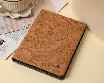 Custom Retro Brown Embossed Floral Leather Kindle Case, Paperwhite 12th 7'' Case, Personalized Kindle Cover, Halloween Gift For Her