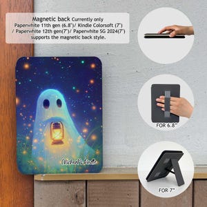 Może przedstawiać: Etui na Kindle z motywem ducha z latarnią na tle gwiaździstego nieba. Kompatybilne z Paperwhite 11. generacji (6,8"), Kindle Colorsoft (7"), Paperwhite 12. generacji (7"), i Paperwhite SG 2024 (7").