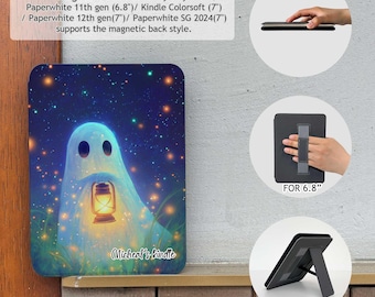 Ghostly Lantern cover for Kindle Paperwhite 11th 2021 with Hand Strap, Kindle 11th 2024, Kobo Clara Colour case, Clear back case, Cute case