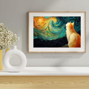 Olieverfschilderij van een kat die naar de sterrenhemel staart | Kattenprint | Kattenliefhebbers | Wanddecoratie | Vintage kunstafdruk | Afdrukbare muurkunst | Digitale download