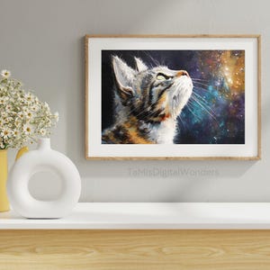 Olieverfschilderij van een kat die naar de sterrenhemel staart | Kattenprint | Kattenliefhebbers | Wanddecoratie | Vintage kunstafdruk | Afdrukbare muurkunst | Digitale download