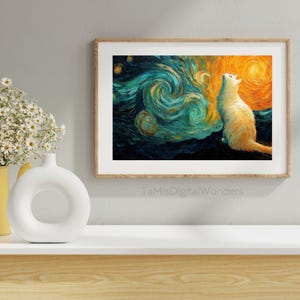 Olieverfschilderij van een kat die naar de sterrenhemel staart | Kattenprint | Kattenliefhebbers | Wanddecoratie | Vintage kunstafdruk | Afdrukbare muurkunst | Digitale download