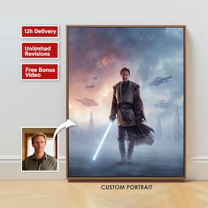 May include: A framed custom portrait featuring a character with a glowing blue lightsaber, set against a sci-fi cityscape and cloudy sky. The image includes the text "CUSTOM PORTRAIT". A smaller portrait is also included.