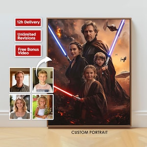 May include: A framed custom portrait depicting a family with lightsabers, set against a dramatic, fiery backdrop. The artwork includes the text "CUSTOM PORTRAIT" at the bottom. Additional images of individuals are shown on the left.