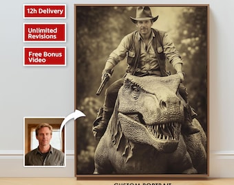 Aangepaste cowboy rijden dinosaurus portret Cowboy dinosaurus gepersonaliseerd cadeau voor hem grappig vader cadeau man grot decor eigenzinnige kunst