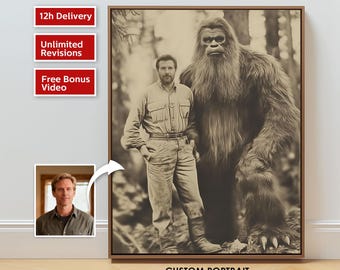 Custom 1890s Explorer Portrait Bigfoot Art Vintage Adventurer Photo Personalized Wilderness Art Historical Fantasy Man Cave Gift