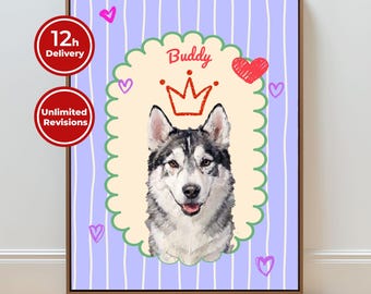 May include: A framed portrait of a smiling husky dog named "Buddy" wearing a crown. The artwork features a light blue background with vertical white stripes and pink hearts. The text "Buddy" is above the dog's head.