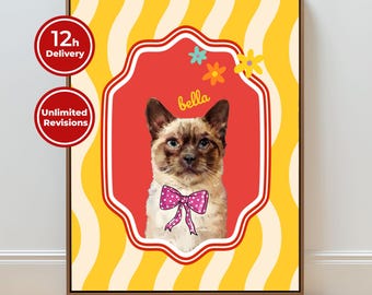 Slecht getekend kattenportret Grappige aangepaste kattenkunst van foto Lelijke maar schattige cartoon kattentekening gepersonaliseerd cadeau voor kattenliefhebbers