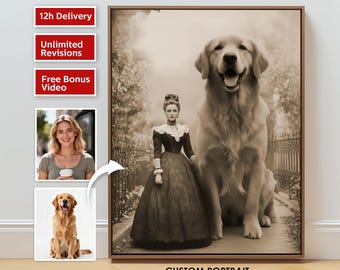 Custom Victorian Portrait of Woman with Pet  Personalized Pet & Owner Art  Retro Style Gift for Her  Victorian Woman Painting