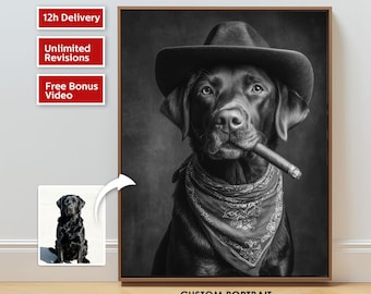 Puede incluir: Retrato en blanco y negro de un Labrador Retriever con sombrero de vaquero y pañuelo, con un cigarro en la boca. La imagen incluye una foto más pequeña del perro y el texto "CUSTOM PORTRAIT".