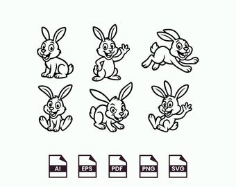 Funny Cartoon Bunness cliparts, Bunny SVG, Cute Bunny artworks, Happy Bunny silhouettes, T-Shirt Design, Cut files, Instant Digital download