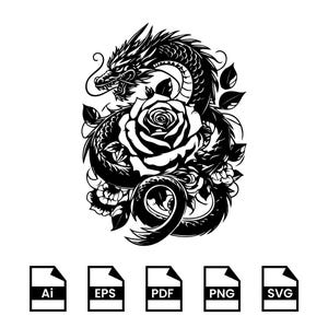 Dragon SVG, Floral Dragon Design, Dragon Artwork, Dragon Silhouette, Dragon Illustration, Dragon Logo, Dragon Tattoo SVG, dragon PNG