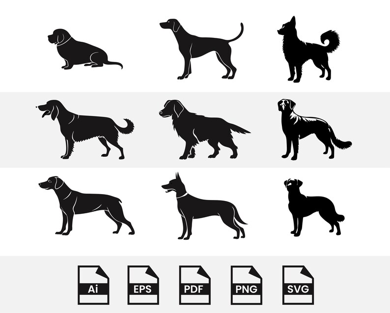 Dog Silhouette SVG Bundle: 9 Breeds Clipart (digital Download) - Etsy
