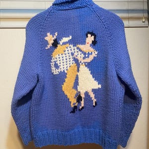 Vintage 1950s Blue Handmade Cowichan Sweater Cardigan Size Medium Dancing Couple
