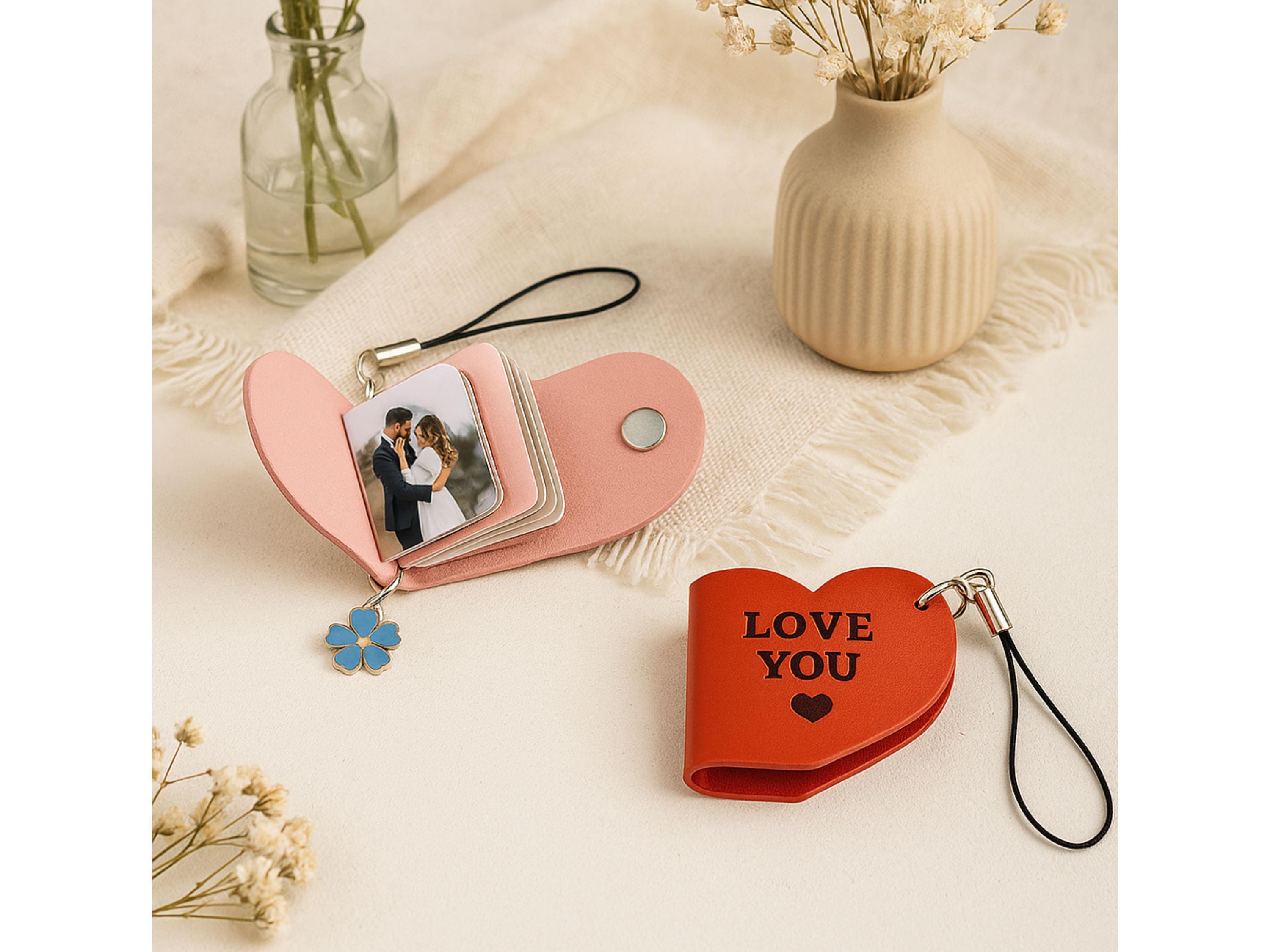 Engraved Heart Photo Keychain Gift • Personalized Album in Gift Box, Cute Couple Keepsake,, Unique Flower Vase, Indoor Planter Pots