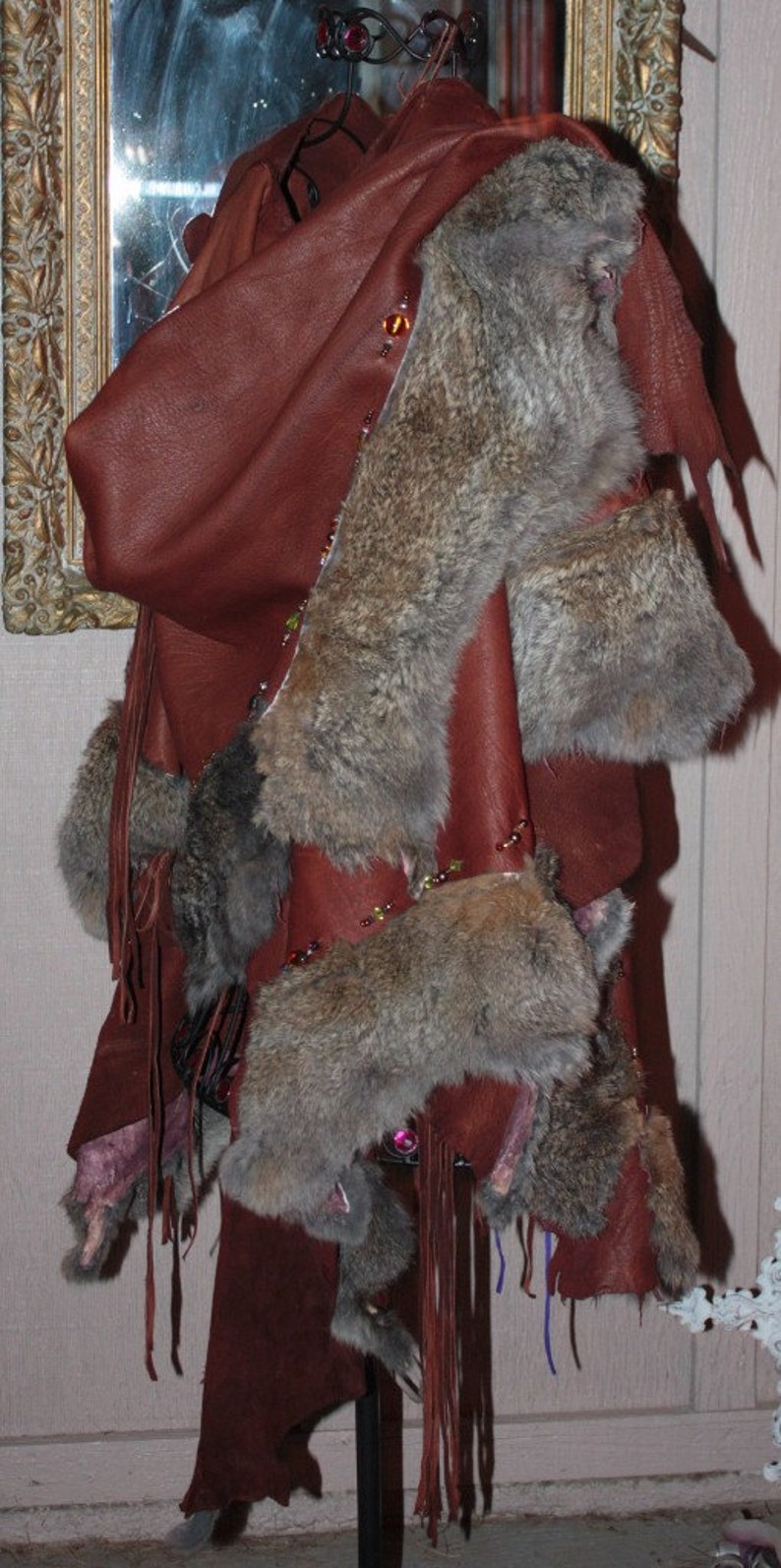Showdiva Designs Leather Cape Trimmed With Rabbit and Glass Beads Etsy