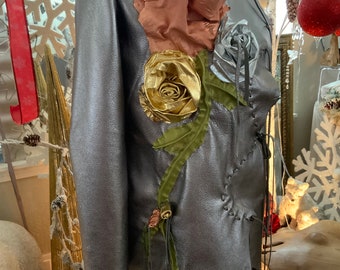 showdiva designs Asymmetrical Metallic Leather Coat Sculpted Roses Vines